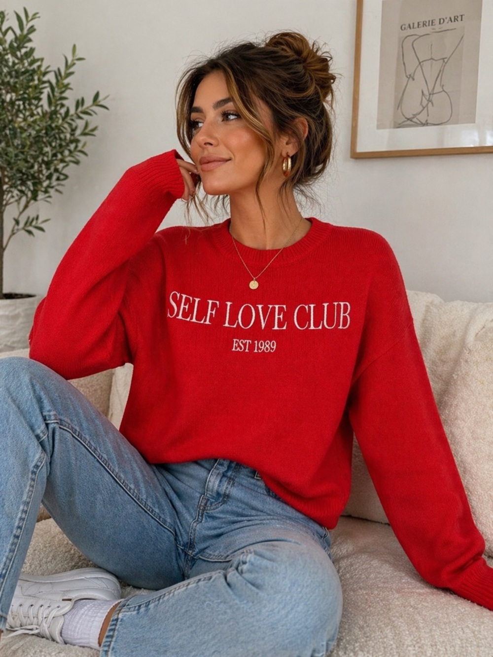 Self Love Club Red Embroidered Sweater Cozy Graphic Pullover